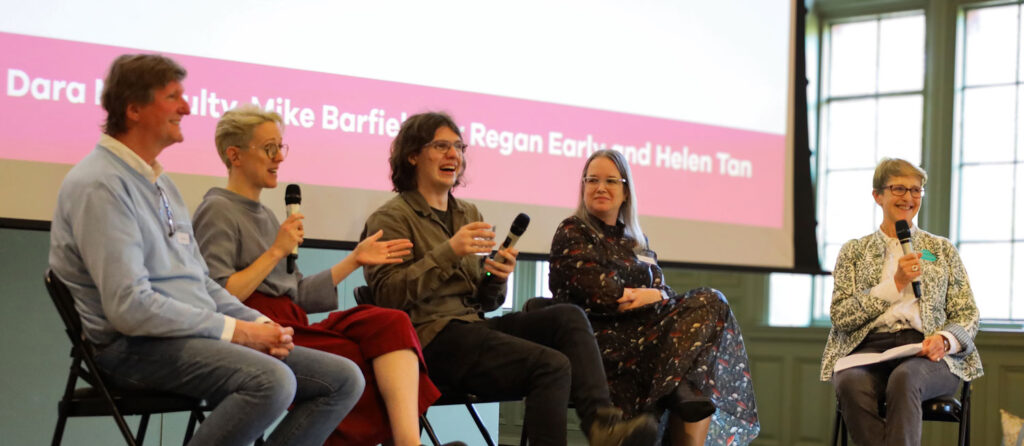 A photograph of participants speaking at the Biodiversity Storytelling Summit 2023