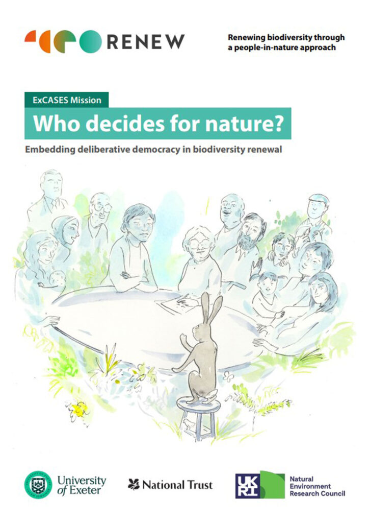 The Who Decides for Nature report frontpage, with an illustration of a round table being conducted by a rabbit.
