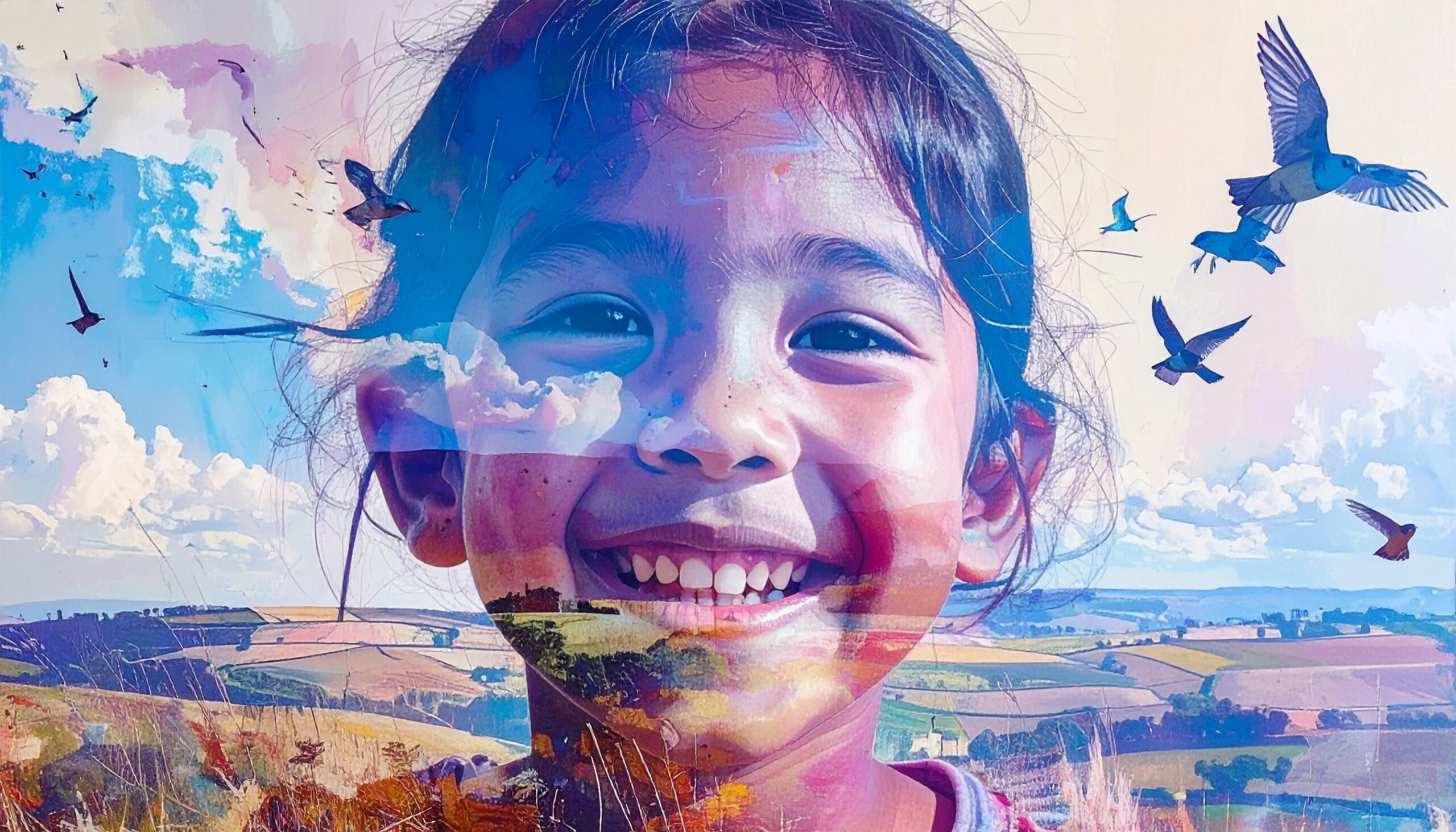 A painterly collage of a smiling child juxtaposed on a British countryside scene