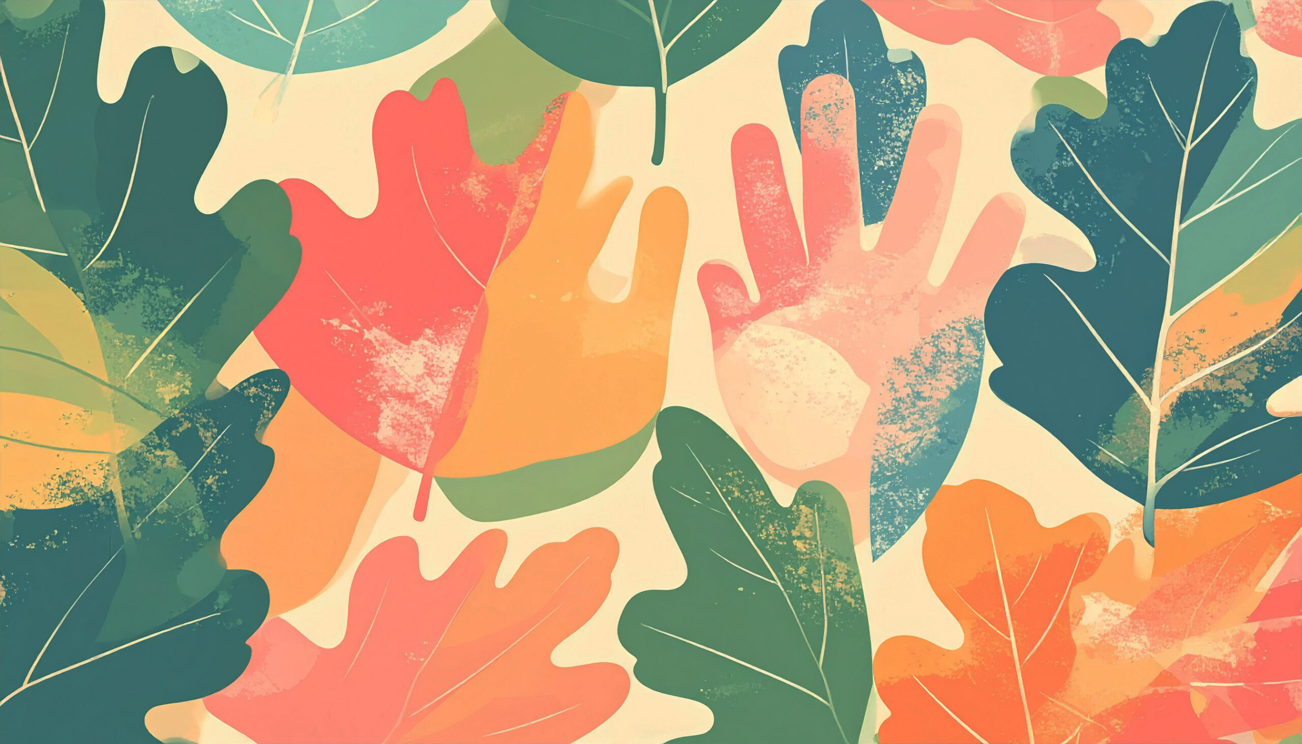 A collaged image of different coloured leaves with suggestions of hands.