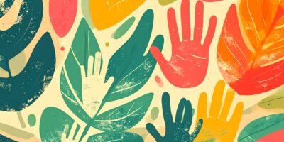 HumanNatureDiversity An image depicting different hand prints and leaf shapes in a textured layered style.