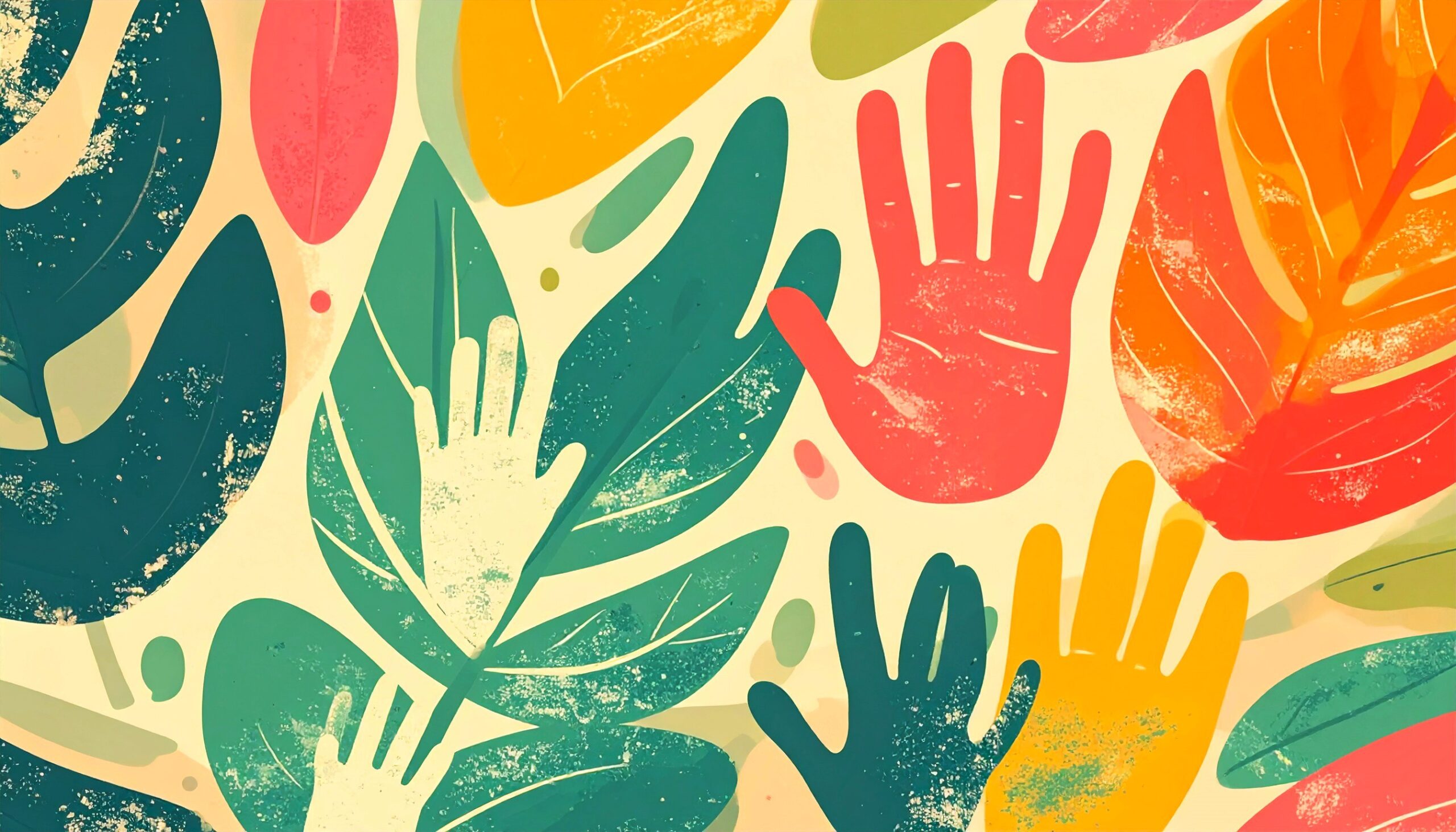 An image depicting different hand prints and leaf shapes in a textured layered style.