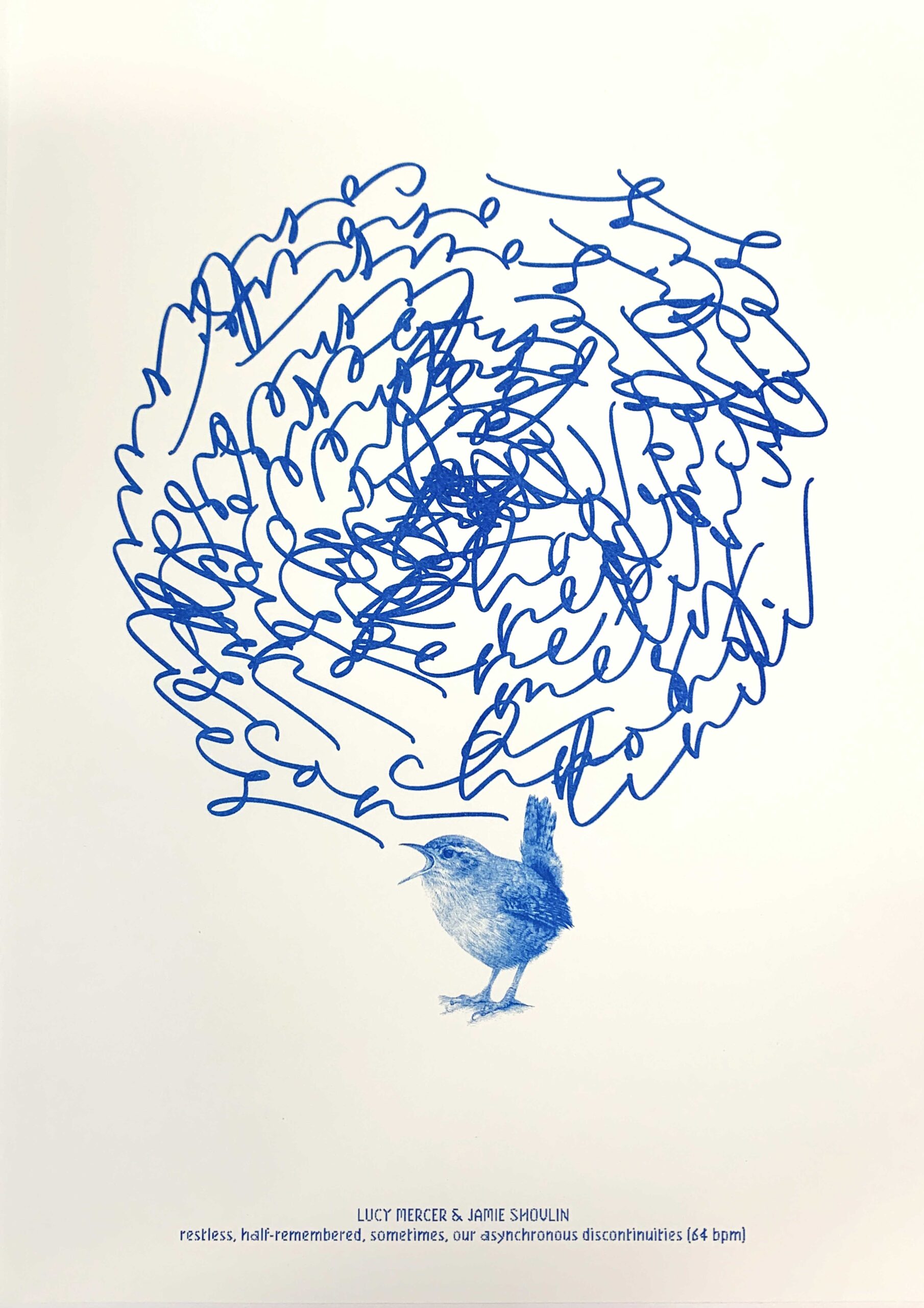 A poster featuring a wren spouting a complex spiral poetic meanderings.