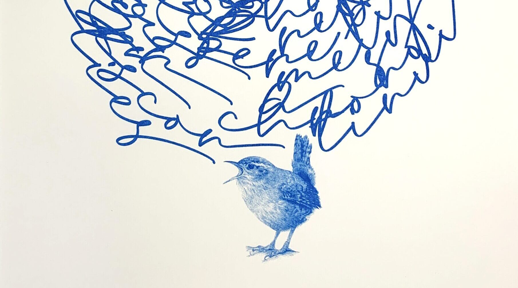 An illustration of a wren tweeting poetically about ecology, the bird is set in a monotone with a swirling body of text above it's head.