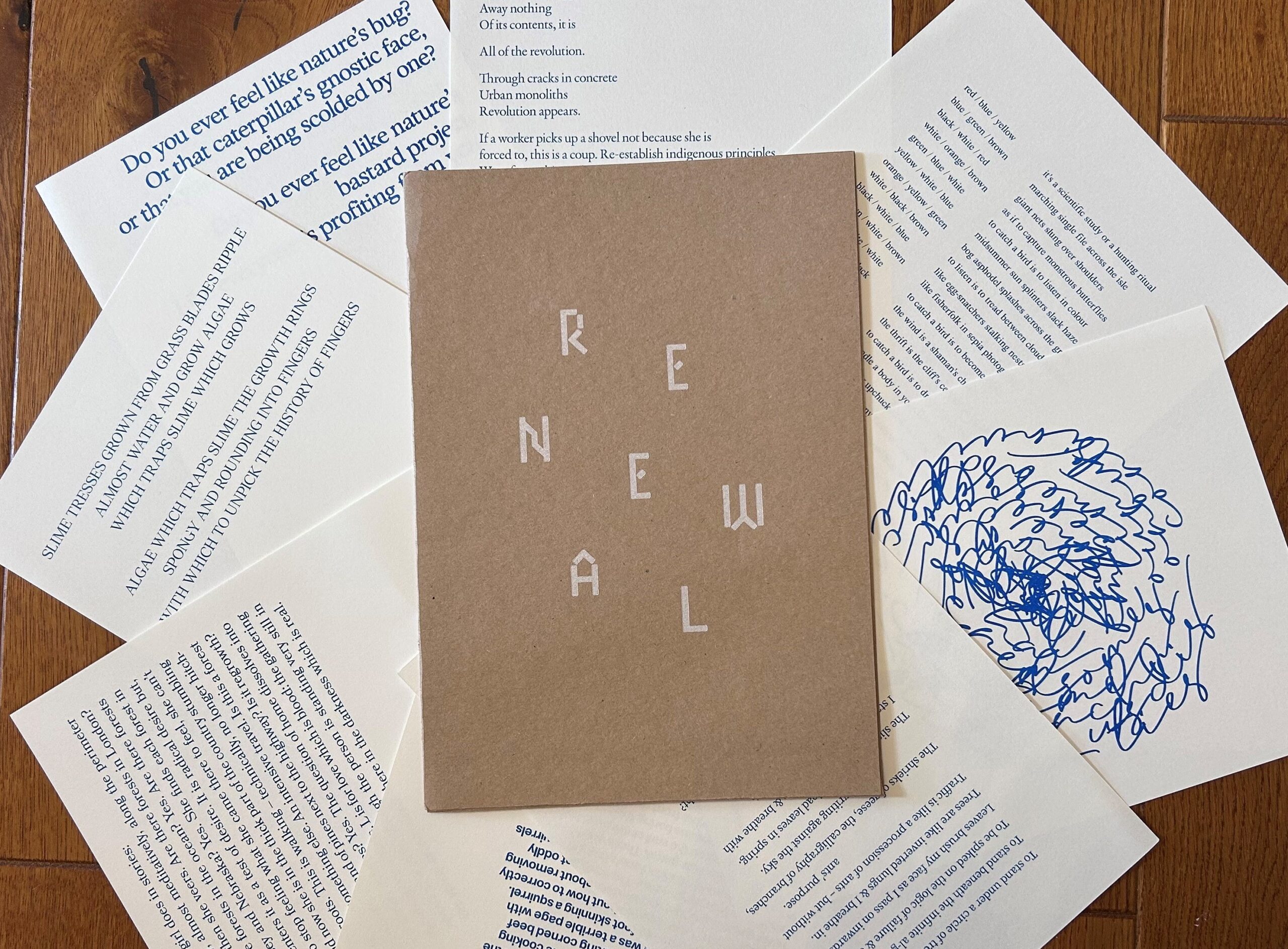 An image of selected poetry laid out across a table in a montage. Please read the associated text for more information.