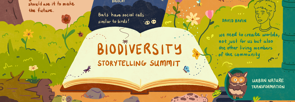 A banner illustration by Jackie Wong with an open children's book displaying the words Biodiversity Storytelling Summit.
