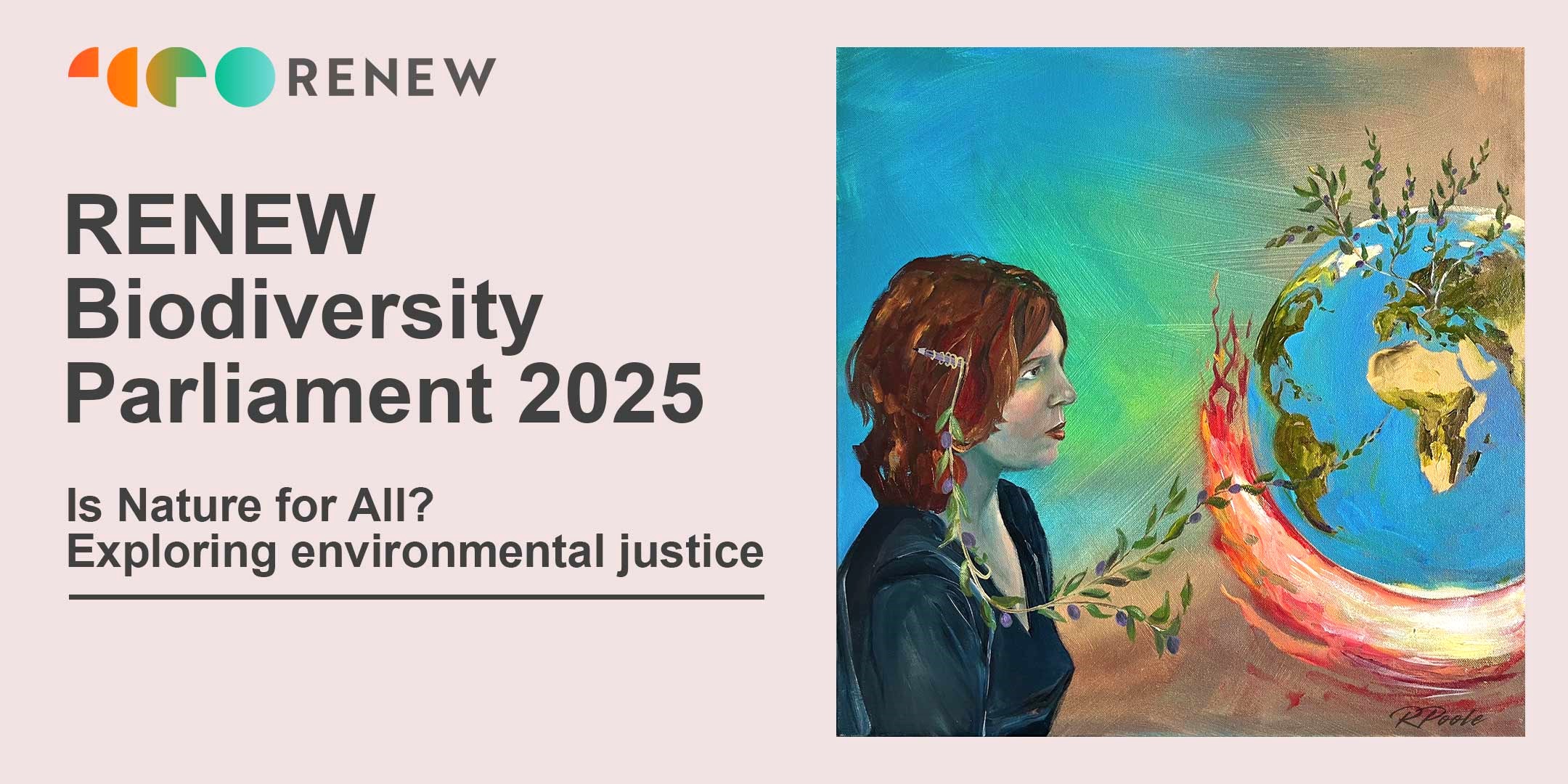 A graphic for the parliament with a painting of a person connected to a burning planet. The Painting is by Ria Poole a researcher at the University of Exeter.
