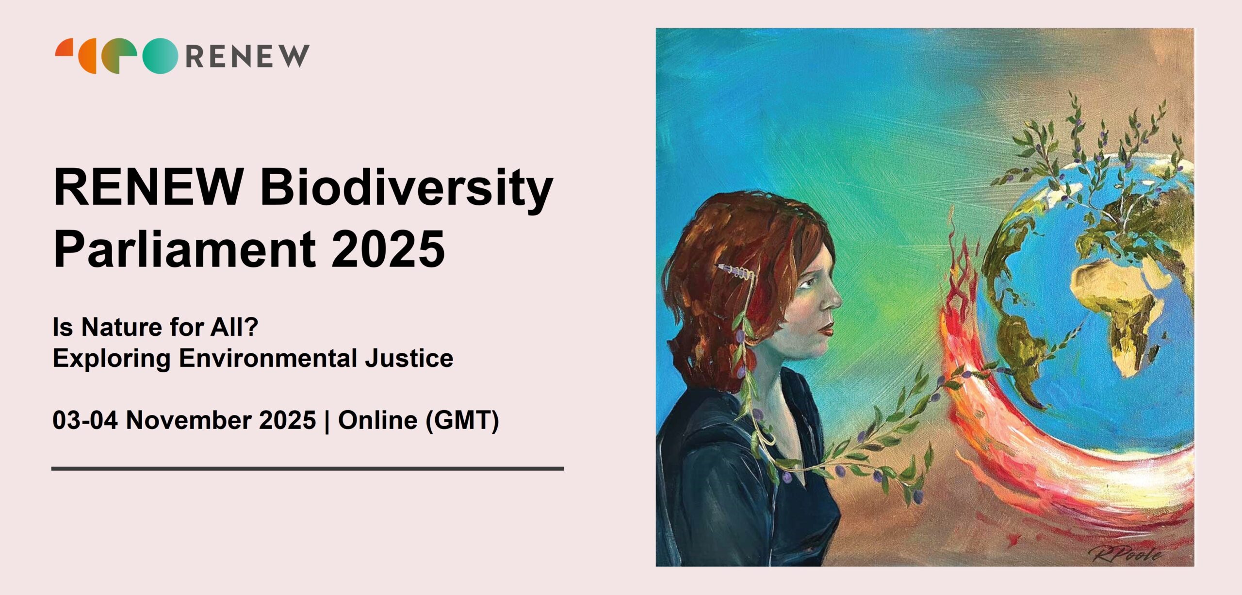 banner for event listing Event banner including event title and date and a painting depicting a woman looking at the globe surrounding by flames and sprouting new nature growth