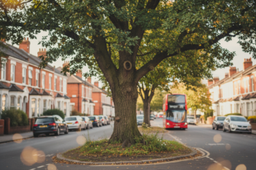 A photograph of an oak tree standing amongst an urban residential street.