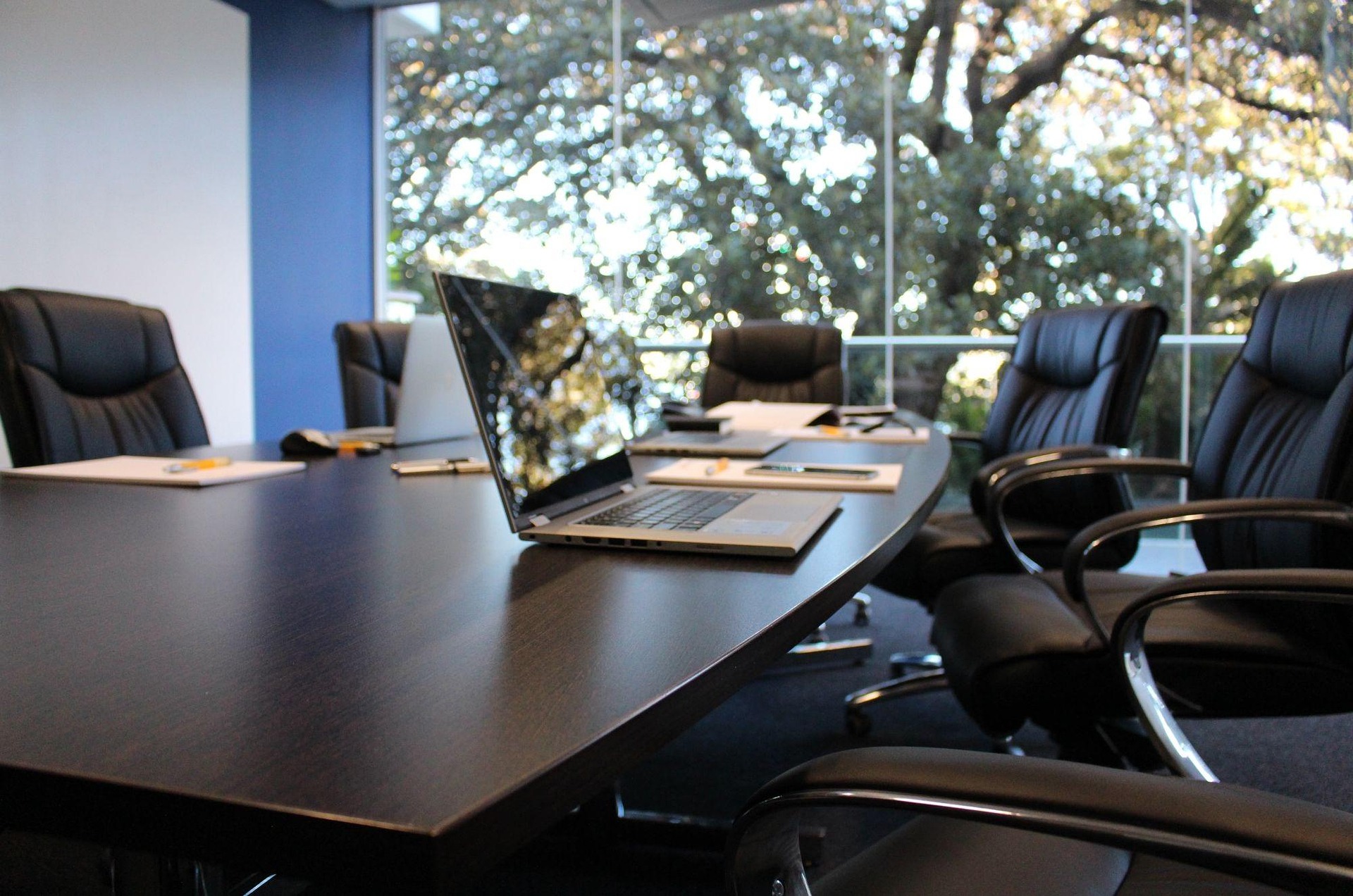 A boardroom with a laptop on a large table surrounded by chairs, with trees seen outside through the window