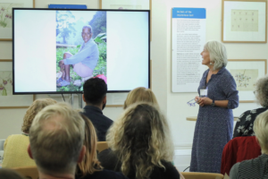 A picture of Nicola Davies giving her keynote speech at the RENEW X BookTrust Biodiversity Storytelling Summit 2023.