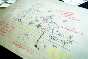 A picture of Lydia Monks drawing of children investigating biodiversity ion their doorsteps.