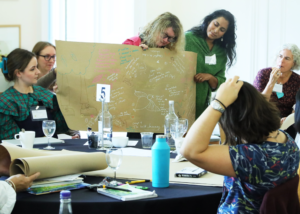 A picture of a team presenting their work.