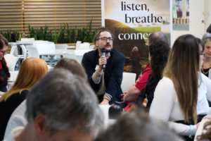 An image of Paul Merchant from the British Library asking the panel questions at the Biodiversity Parliament 2023.
